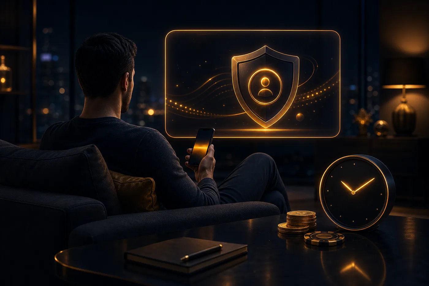 Spokojna osoba z telefonem w domowym wnętrzu, symbol kontrolowanej rozrywki